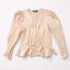 DKNY Surplice V-Neck Blouse Sandalwood Beige Puff Sleeve Peplum Top L